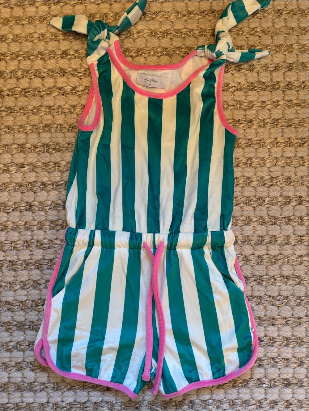 SweetHoney Green and White Striped Kids Romper with Pink Trim